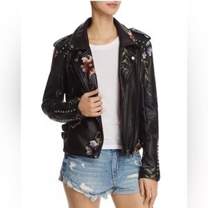 Blank NYC Black Floral Embroidered Faux Leather Jacket